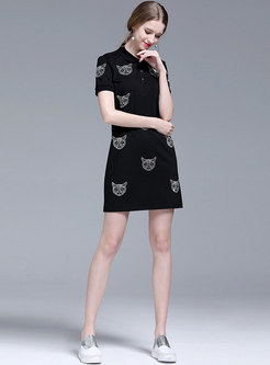 Black Lapel Cat Pattern Diamond-ironing Cotton T-shirt Dress