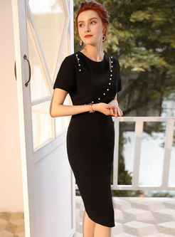 Stylish Belted Hollow Out Bead Black Bodycon Dress