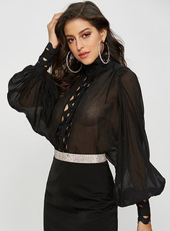 Sexy Pure Color Perspective Court Blouse 