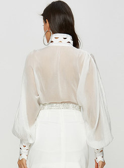 Sexy White Mesh Perspective Court Blouse