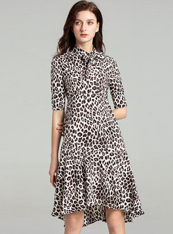 Asymmetric Falbala Leopard Bowknot Slim Skater Dress
