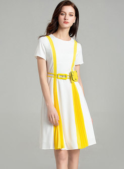 Hit Color O-neck Pleated Chiffon Skater Dress