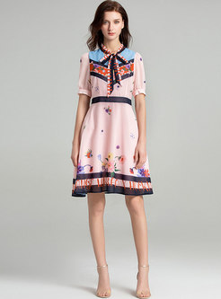 Sweet Color-blocked Print Bowknot A Line Dress