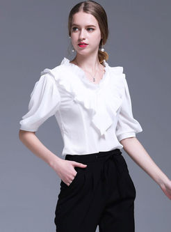 V-neck Solid Color Puff Sleeve Blouse