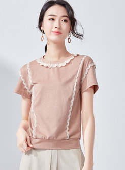 Casual Lace Splicing O-neck T-shirt