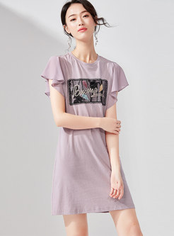 Casual Embroidered O-neck Loose T-shirt Dress