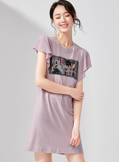 Casual Embroidered O-neck Loose T-shirt Dress