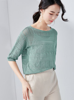 Casual O-neck Half Sleeve Hollow Out Knitted Top