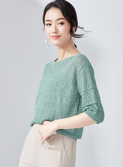 Casual O-neck Half Sleeve Hollow Out Knitted Top