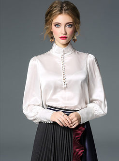 Brief Stand Collar Long Sleeve Blouse