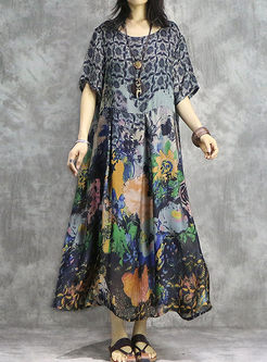 Ethnic O-neck Short Sleeve Silk Print Dress