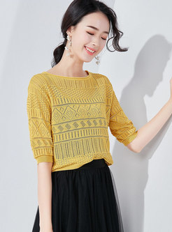 Solid Color O-neck Hollow Out Knitted Top