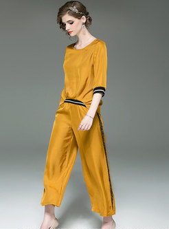 Color-blocked Asymmetric Top & Elastic Waist Straight Pants