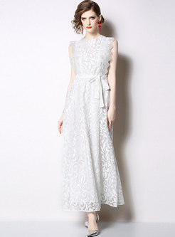 Elegant Lace Sleeveless Belted Maxi Dress
