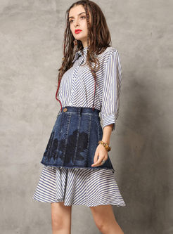 Casual Lapel Long Sleeve Striped Dress With Skirt
