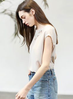 Brief Casual O-neck Hollow Out Silk T-shirt