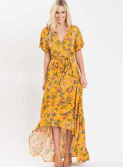 Bohemian V-neck High Waist Print Maxi Dress