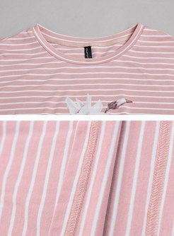 O-neck Striped Letter Print Loose T-shirt