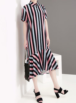 Casual Turn-down Collar Striped T-shirt Dress