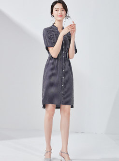 Fashion Stand Collar Striped T-shirt Dress