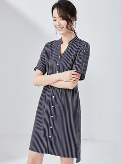 Fashion Stand Collar Striped T-shirt Dress