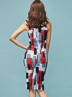 Geometric Print Sleeveless Bodycon Dress