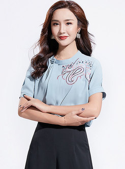 All-matched Embroidered Sweet Blue Blouse