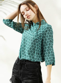 Vintage Print Stand Collar Loose Blouse