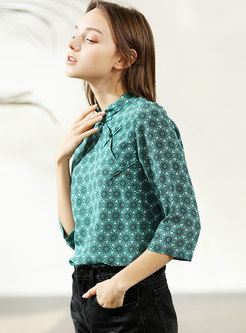 Vintage Print Stand Collar Loose Blouse