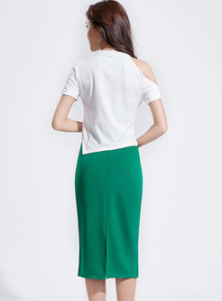 White Irregular Off Shoulder T-shirt & Sheath Skirt