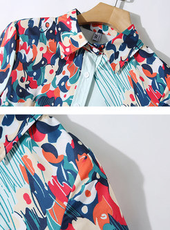 Stylish Print Lapel High Waisted Maxi Dress