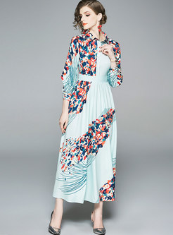 Stylish Print Lapel High Waisted Maxi Dress