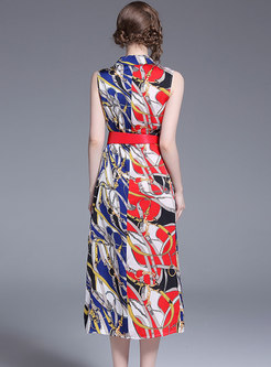 Trendy Print Lapel Sleeveless A Line Dress