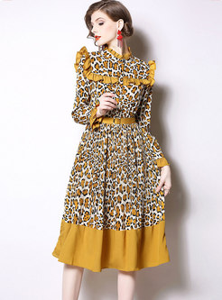 Leopard Stand Collar Belted A Line Dress