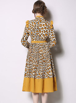 Leopard Stand Collar Belted A Line Dress