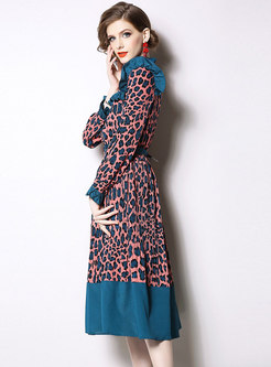 Leopard Stand Collar Belted Skater Dress