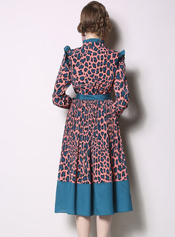 Leopard Stand Collar Belted Skater Dress