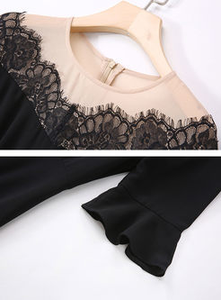 Black Lace V-neck Flare Sleeve A Line Dress
