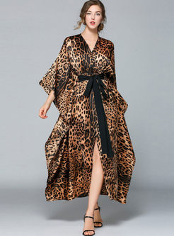 V-neck Three Quarters Sleeve Leopard Maxi Dress