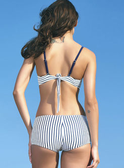 Fashion Color-blocked Striped Gathered Bikini