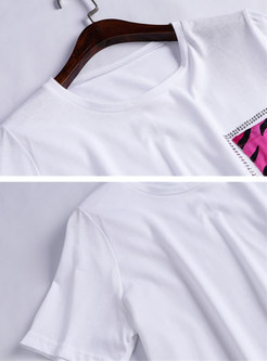 Casual O-neck Pocket T-shirt & Print Skirt