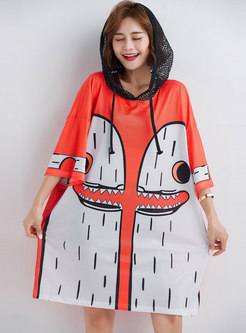 Stylish Print Hooded Hollow Out T-shirt Dress