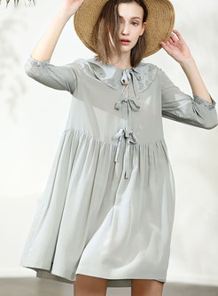 Solid Color Embroidered Loose Pleated Shift Dress