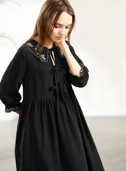 Lapel Tied Embroidered Black Shift Dress