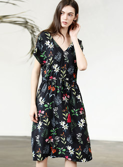 Trendy Print V-neck Backless Tied Casual Dress