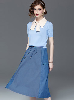 Color-blocked Lapel Knitted Top & Tie-waist Skirt
