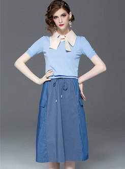 Color-blocked Lapel Knitted Top & Tie-waist Skirt