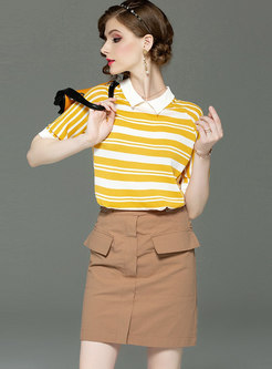 Striped Lapel Knitted Top & Sheath Mini Skirt