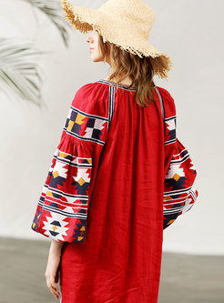 Ethnic O-neck Print Casual Linen Shift Dress