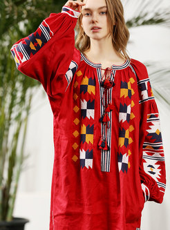 Ethnic O-neck Print Casual Linen Shift Dress